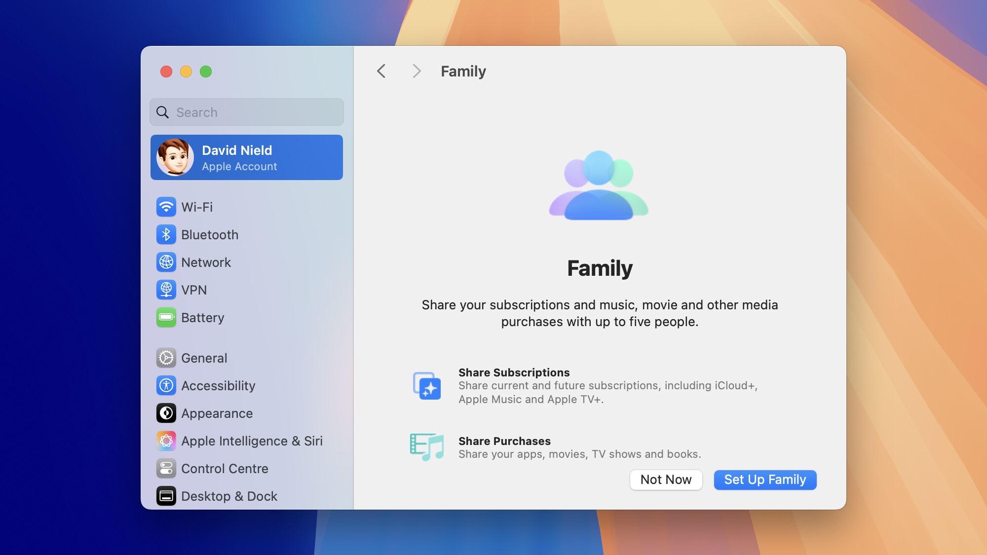 screenshot of family sharing options